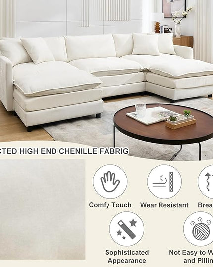 U-Shaped Modular Sectional Sofa Set with Ottomans - 108" Modern Corduroy Cloud Couch for Living Room (3-Seater + 2 Movable Ottomans + 3 Pillows) - Chenille Fabric in Beige