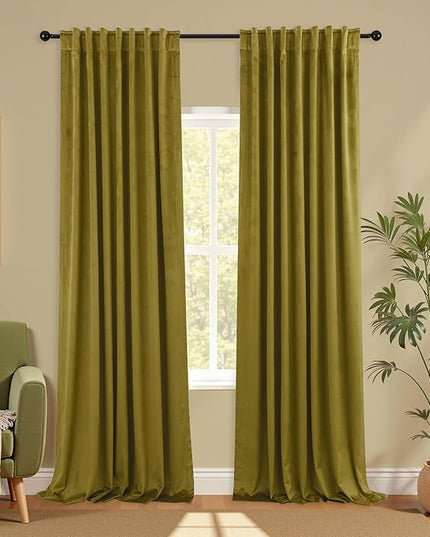 KOUFALL 52x102 Inches Long Chartreuse Back Tab Velvet Curtains for Living Room