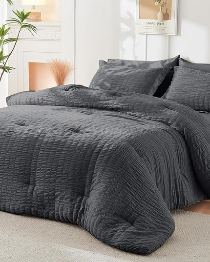 HYMOKEGE Twin Comforter Set Seersucker 5 Pieces, All Season Luxury Bed in a Bag for Bedroom, Bedding Set with Comforters, Sheets, Pillowcase & Sham, Dark Grey