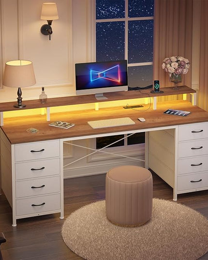 60 Inch Computer Desk with 8 Fabric Drawers, Gaming Desk with LED Lights & Power Outlets, Home Office Desk with Monitor Stand, Brown and White