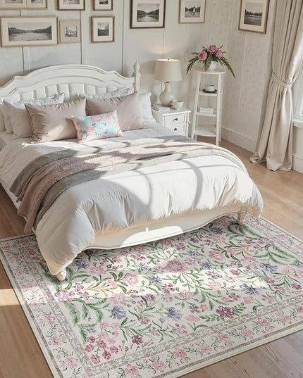 Wonnitar Floral Purple Rug for Bedroom, Washable 5x7 Area Rugs for Dorm, Boho Soft Non Slip Ultra-Thin Indoor Floor Carpet for Kids Room Nursery Living Room Classroom, Light Purple/Pink