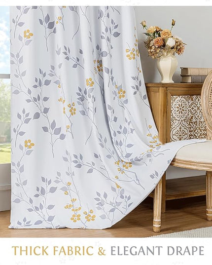 Beauoop Floral 100% Blackout Curtains 96 Inches Long 2 Panels for Bedroom Living Room Yellow Grey and White Flower Patterned Room Darkening Thermal Soundproof Grommet Window Treatments Drapes, 52X96