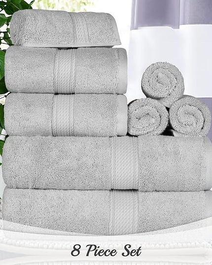 Superior Egyptian Cotton Pile 8 Piece Towel Set, Includes 2 Bath, 2 Hand, 4 Face Towels/Washcloths, Ultra Soft Luxury Towels, Thick Plush Essentials, Guest Bath, Spa, Hotel Bathroom, Silver