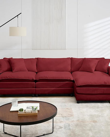 Modular Sectional Sofa,108.27'' Modern Sofa Sleeper Couch with 3 Seat & 1 Ottoman & 3 Pillows Sofa Set, Comfy Cloud Couches with Movable Ottoman for Living Room,Chenille (Wine red, L Shaped)