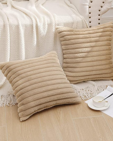 Pallene Faux Fur Plush Throw Pillow Covers 16x16 Set of 2, Luxury Soft Fluffy Striped Decorative Pillow Covers for Sofa, Couch, Living Room, Khaki