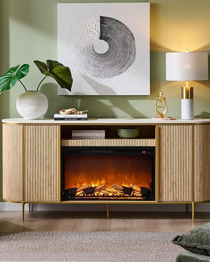 OKD Luxury 70" Fluted Fireplace TV Stand, Modern Chic Entertainment Center for TVs Up to 80 inches, TV Console with Faux Marble Top, Curved Profile Design, Media Console for Living Room, Natural Oak