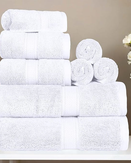 Superior Egyptian Cotton Pile 8 Piece Towel Set, Includes 2 Bath, 2 Hand, 4 Face Towels/Washcloths, Ultra Soft Luxury Towels, Thick Plush Essentials, Guest Bath, Spa, Hotel Bathroom, White