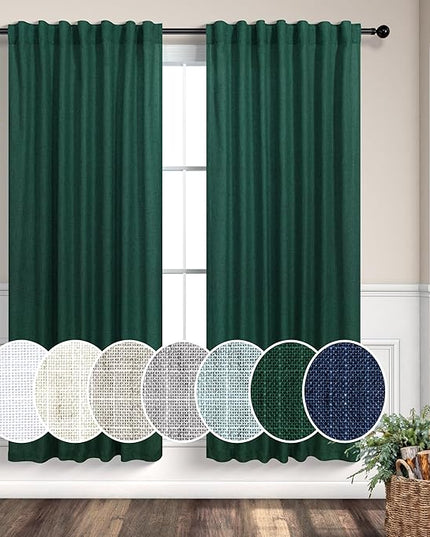 Pitalk Dark Green Curtains 63 Inch Length for Bedroom 2 Panels Back Tab Pocket Lightweight Light Filtering Semi Sheer Linen Hunter Green Curtain for Boys Room Kitchen Olive Forest Decor 52x63