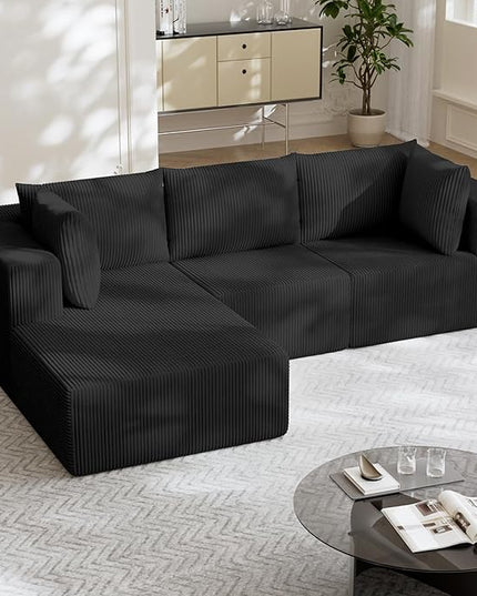 108" Boneless Couches for Living Room, Modular Cloud Couch Sofa - L Shap Corduroy Sectional Sofa, Fluffy Memory Foam Sleeper Sofa Furniture, No Assembly, Wide Armrest, Black
