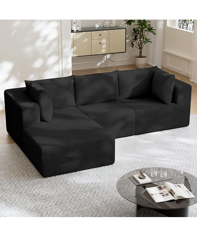 108" Boneless Couches for Living Room, Modular Cloud Couch Sofa - L Shap Corduroy Sectional Sofa, Fluffy Memory Foam Sleeper Sofa Furniture, No Assembly, Wide Armrest, Black
