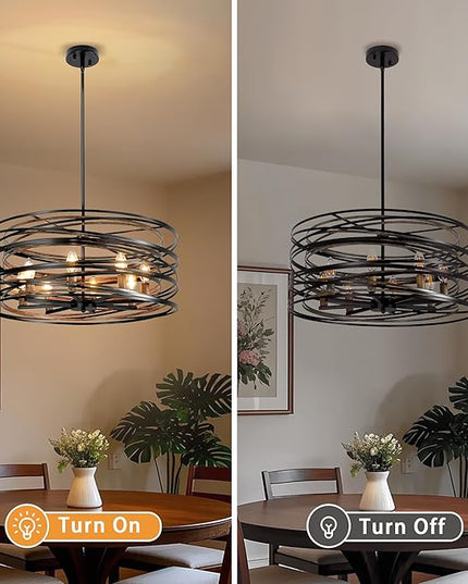 Black Farmhouse Chandelier,23.6" Drum Chandelier Farmhouse Chandeliers for Dining Room Wood Grain Metal Large Dining Room Light Fixture Pendant Light Fixtures for Kitchen Living Room Bedroom Entryway