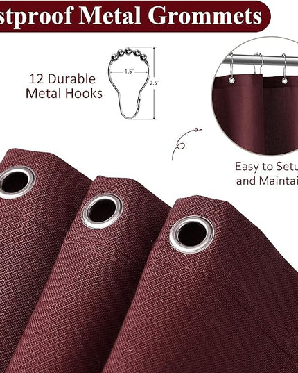 Naturoom Burgundy Linen Shower Curtain, Country Boho Farmhouse Bath Decor Shower Curtains Neutral Cloth Weighted Textured Fabric Bath Curtain Liner with Hooks, 72x72