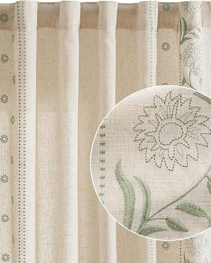 jinchan Winslow Linen Curtains for Bedroom 108 Inches Length Embroidered Bordered Floral Curtains for Living Room Farmhouse Decor Light Filtering Window Treatments Sage on Beige Drapes 2 Panels