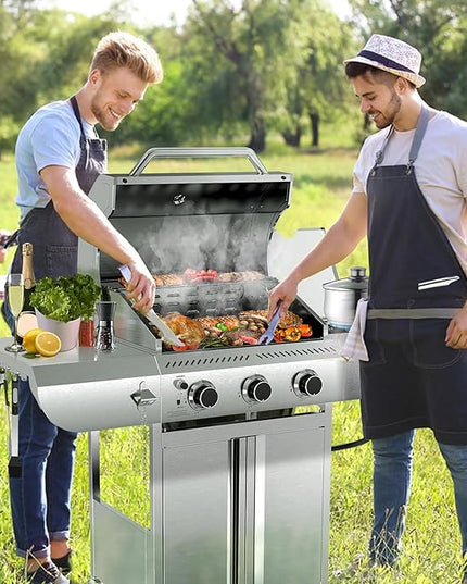 G31 pro Gas Grill 34,000 BTU 3-Burner Propane Grill with Side Burner, Stainless Steel BBQ Grill, Cast Iron Grates & Portable Cart with Wheels，Outdoor Barbecue Grill for Backyard, Patio, Camping