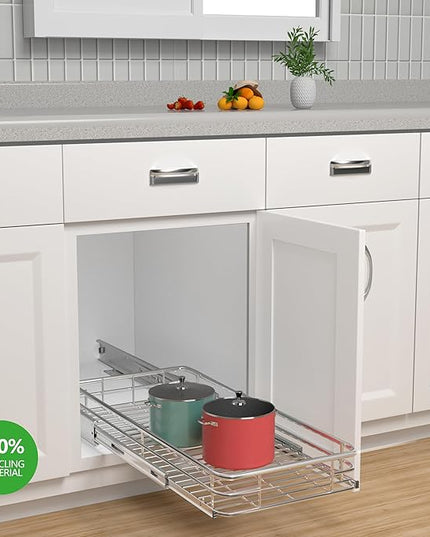 Sliding Cabinet Organizer Pull Out Shelves (11" W x 21" D), Heavy-Duty Slide Out Shelf, Steel Metal Cabinet Roll Out Shelves for Kitchen Bathroom, Chrome