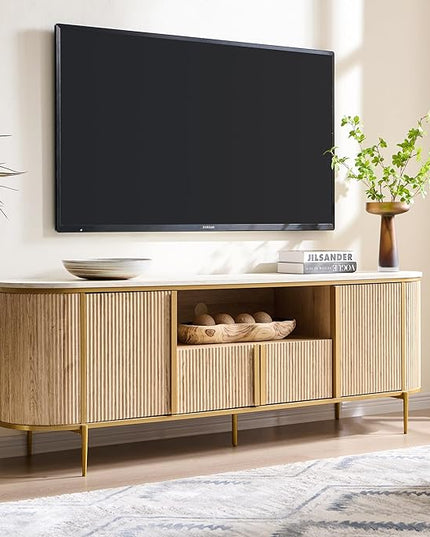OKD Luxury 70" Fluted TV Stand, Modern Chic Entertainment Center for TVs Up to 80 inches, TV Console with Faux Marble Top, Curved Profile Design, Media Console for Living Room, Natural Oak