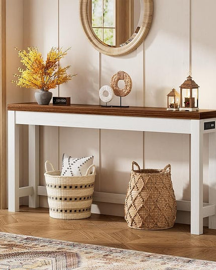 Cyclysio 63" Console Tables for Entryway, Long Console Tables for Living Room, Behind Couch Table, Sturdy Wood Support Farmhouse Entryway Table with 3AC+2USB Charging‌ Station, Rustic Oak