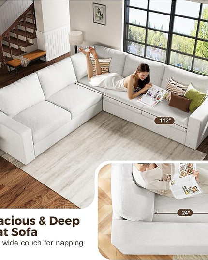 ABCASA 112" L Shaped Sectional Sofa with Detachable Sofa Cover, Reversible Sectional Modular Couch for Living Room, Linen Fabric Corner Couch with 7 Seats, Ivory