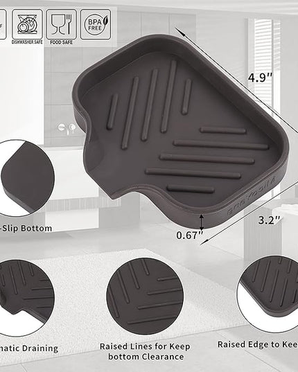 Silicone Bathroom Soap Dishes with Drain Spout-Bathroom and Kitchen Sink Organizer,Sponge Holder,Dish Soap Tray,Perfect for Dispenser,Scrubber,Bottle,Cup on Sink or Counter-Coffee 4.9"×3.2"