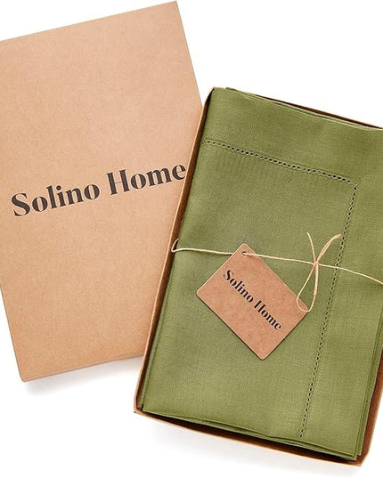 Solino Home Linen Napkins Set of 4 - Classic Hemstitch 100% Pure Linen Avocado Green Dinner Napkins Cloth 20 x 20 Inch for Winter - Handcrafted and Machine Washable