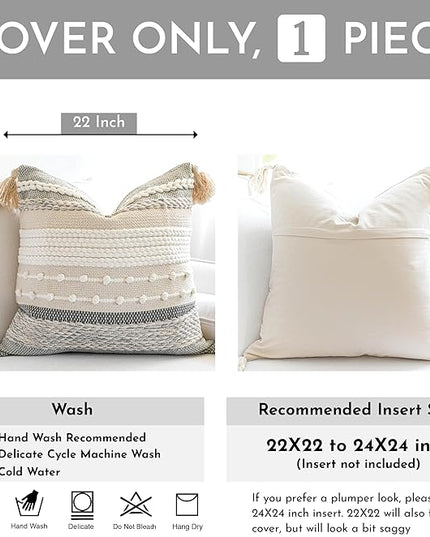 BlissBlush Gray Boho Throw Pillow Cover 22x22, Grey Decorative Accent Pillow for Couch, Square Woven Textured Pillowcase, Modern Farmhouse Pillow for Bed, Bohemian Pillow Cover (Pack of 1)