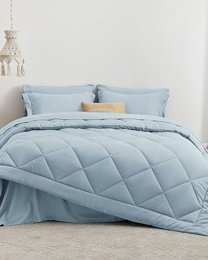 Love's cabin California King Comforter Set Light Blue, 7 Pieces California King Bed in a Bag, All Season Bedding Sets with 1 Comforter, 1 Flat Sheet, 1 Fitted Sheet, 2 Pillowcase and 2 Pillow Sham