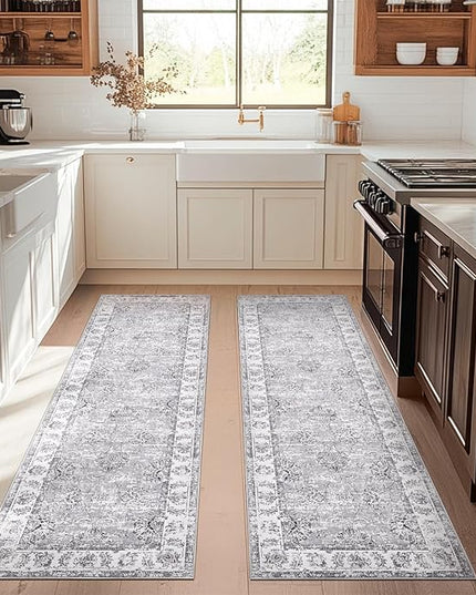 jinchan Fiora Runner Rug 3x8-2pcs Kitchen Washable Vintage Rug Hallway Rug Floral Print Floor Cover Indoor Thin Retro Mat Accent for Bathroom Laundry Room Bedroom Office Farmhouse (Double,Grey)