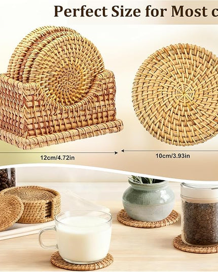 Handmade Rattan Coasters Set of 6 with Holder -Boho Wicker Coasters for Drinks, Round Rattan Coaster, Rustic Farmhouse Wooden Coffee Table Decor, Kitchen, Dining Room, Housewarming Gift (Brown B)