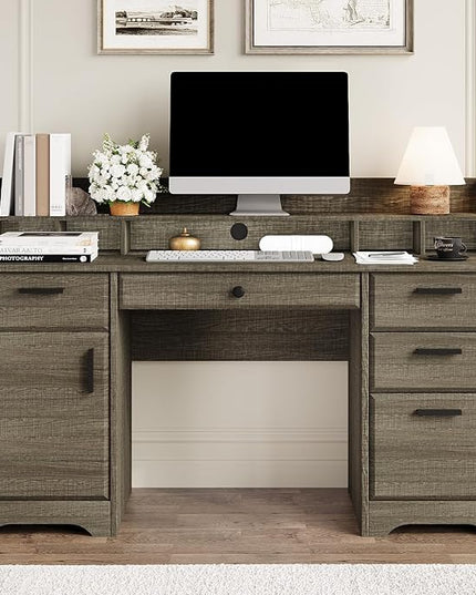 58 Inch Executive Desk with File Drawers, Computer Desk with Storage, Rustic Desk with Adjustable Shelves, Office Desk with Hutch for Bedroom, Grey