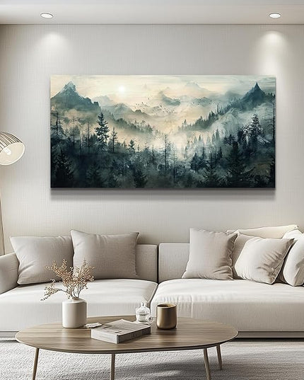 KELIYUAN Mountain View Canvas Wall Painting For Living Room Natural Landscape Painting Misty Forest Wall Decoration For Bedroom Home Decoration Modern Printed Artwork Can Be Hung Directly 20x40 In