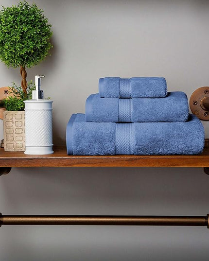 Superior Egyptian Cotton Pile 3 Piece Towel Set, Includes 1 Bath, 1 Hand, 1 Face Towel/Washcloth, Ultra Soft Luxury Towels, Thick Plush Essentials, Guest Bath, Spa, Hotel Bathroom, Denim Blue