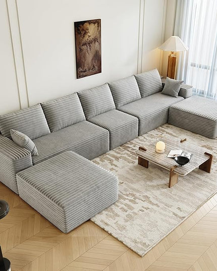 168.5" Modular Sectional Sofa, Oversized U-Shaped Minimalist Couches with 1 Middle Seat and 2 Ottomans Chaise, Modern Deep Seat Convertible Sleeper Sofa, Cloud Plush Corduroy Fabric,7 Seater, Grey