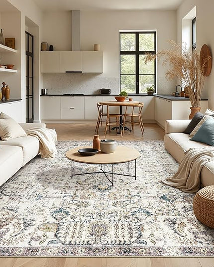 jinchan Kalen Area Rug 9x12 Washable Living Room Rug Vintage Indoor Large Floor Cover Retro Distressed Floral Country Boho Lightweight Non Slip Thin Carpet for Kitchen Bedroom Dining Room Office Blue