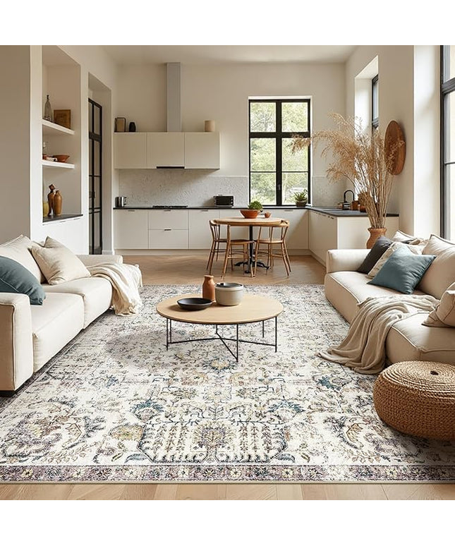 jinchan Kalen Area Rug 9x12 Washable Living Room Rug Vintage Indoor Large Floor Cover Retro Accent Mat Distressed Floral Country Boho Non Slip Thin Carpet for Bedroom Dining Room Office Blue Multi