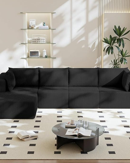 138" Boneless Couches for Living Room, Modular Cloud Couch Sofa - 4 Pieces L Shap Corduroy Sectional Sofa, Fluffy Memory Foam Sleeper Sofa Furniture, No Assembly, Wide Armrest, Black