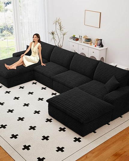 136" Cloud Couch Modular Sectional Sofa for Living Room, U-Shape Boneless Couch with Deep Seat, Modern Corduroy 4-Seater with Ottoman, No Assembly Required (Black,Left-Facing Chaise)