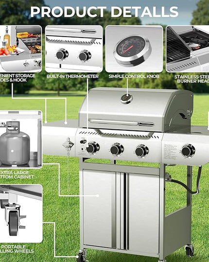 3-Burner Propane Gas Grill with Side Burner – 34,000 BTU Stainless Steel Outdoor BBQ Grill, Cast Iron Grates, Portable with Wheels for Patio, Camping