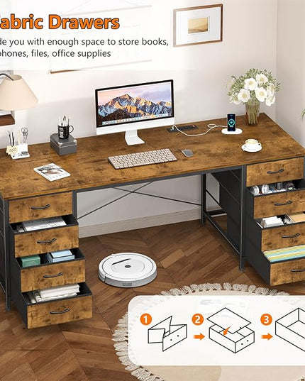 60 Inch Computer Desk with 8 Drawers, Home Office Desk with Power Outlets, Work Study Gaming Desk with 8 Fabric Drawers, Rustic Brown