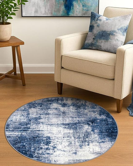 IOHOUZE Round Area Rug 3 Ft Circle Entryway Rugs Round Washable Door Mat Indoor Entrance, Non Slip Circle Front Door Rug, Printed Abstract Faux Wool Floor Carpet for Foyer Porch Sink, Navy/Grey