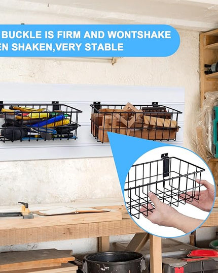4Pcs Slatwall Basket Set Ventilated Metal Slatwall Baskets Hanging Storage Baskets for PVC Slatwall, Mounted Slatwall Accessories Storage Display on Garage Slatwall Panels