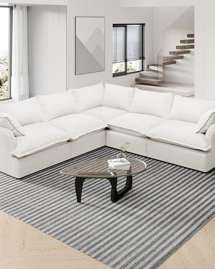 Modern Sectional Cloud Sofa,Linen Couch for Living Room V-Shape,5 Seat Modular Wide Deep Seat Sofas,Detachable Couches Cushion Covers,Cozy Feather Down Sofa for Apartment,Cream White
