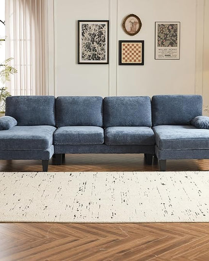 VINGLI 110" Sectional Couches for Living Room,U Shaped Couch with Double Chaise, 4-Seat Sofa Set with Corduroy Fabric for Home Furniture,Ocean Blue