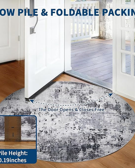 Modern Abstract 4x4 Round Area Rug Non Slip Non Shedding Rug Low Pile Stain Resistant for Bedroom Living Room Office Dining Room,Grey
