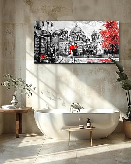 Black and White Buildings and Lovers Holding Umbrellas Under Street Lamps Canvas Art Print Artwork Wall Art for Living Room bedroom Wall Decor，Modern Home Decor Watercolor wall painting decoration