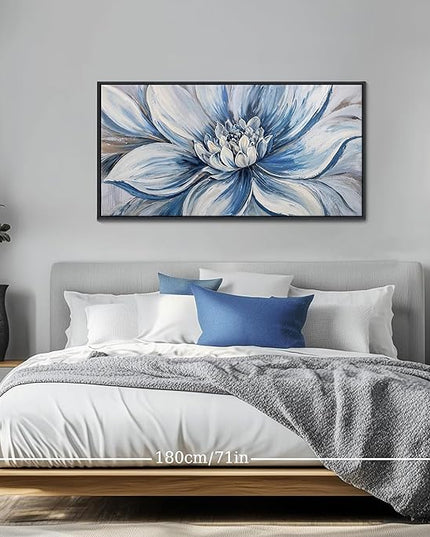 Pogusmavi Blue Floral Wall Art for Living Room - Large Textured Flower Pictures for Bedroom - Canvas Paintings, Extra Large Blue and White Wall Decor Dining Room Artwork for Walls 20×40IN