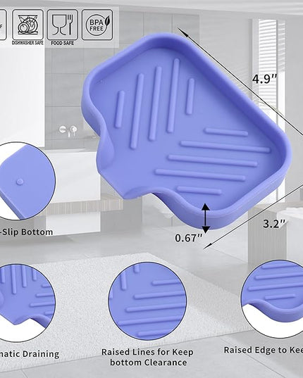 Silicone Bathroom Soap Dishes with Drain Spout-Bathroom and Kitchen Sink Organizer,Sponge Holder,Dish Soap Tray,Perfect for Dispenser,Scrubber,Bottle on Sink or Counter-Light Purple 4.9"×3.2"