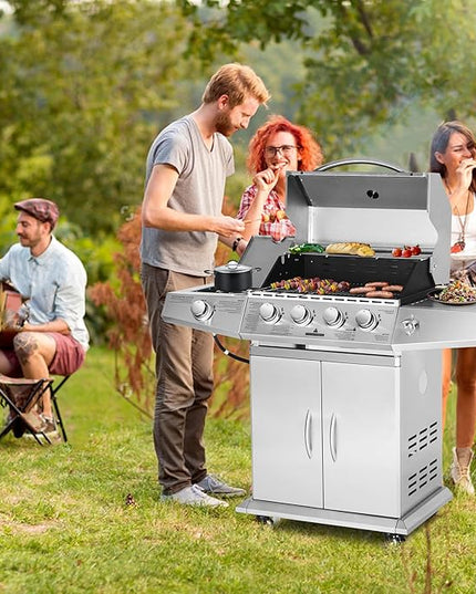 Polar Aurora Propane Gas Grill 4 Burners with Side Burner, Stainless Steel Grill Cart with Wheels for Outdoor Patio Garden Backyard Cooking bbq Grill