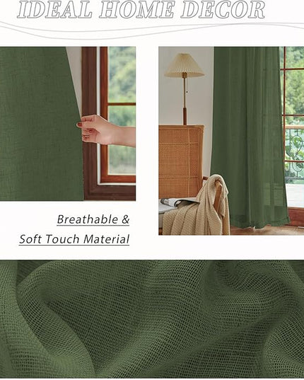 DUALIFE Sage Green Extra Long Sheer Linen Curtain Panels 108 Inches for Living Room Back Tab Rod Pocket Light Filtering Farmhouse Semi Sheer Linen Curtains for Large Tall Window, 52x108 2 Panels