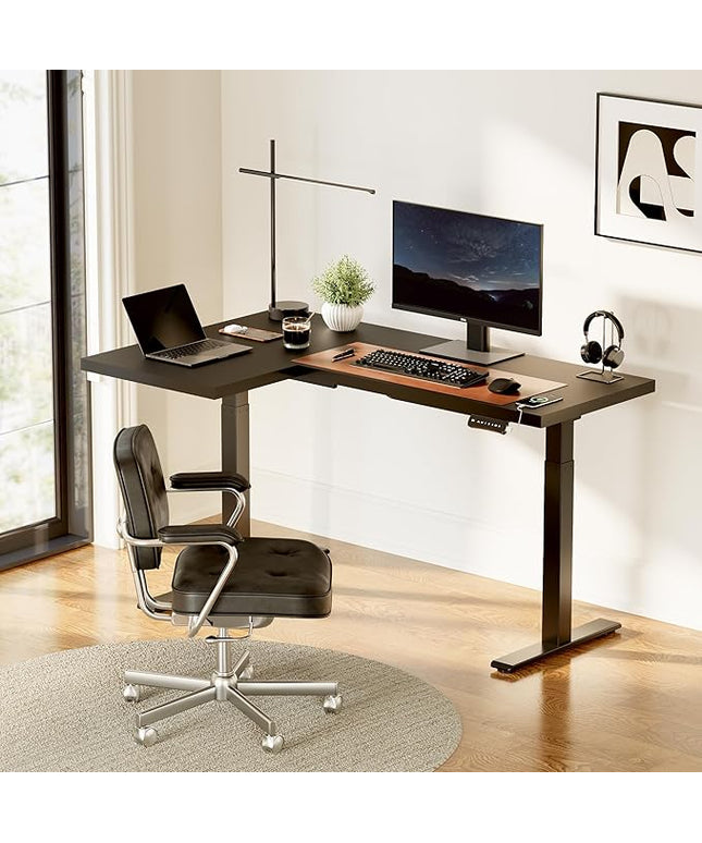 SANODESK 63-Inch Large Dual Motor L-Shaped Electric Height Adjustable Standing Desk - Reversible Panel - Black Top/Black Frame - Ideal for Gaming, Home Office or Computer Workstation