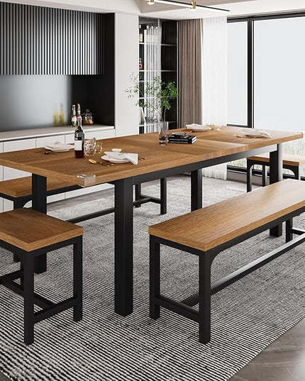 iPormis 5-Piece Dining Table Set for 4-8 People, Extendable Kitchen Table Set with 2 Benches and 2 Square Stools, Mid-Century Dining Room Table with Metal Frame & MDF Board, Saving Space, Walnut